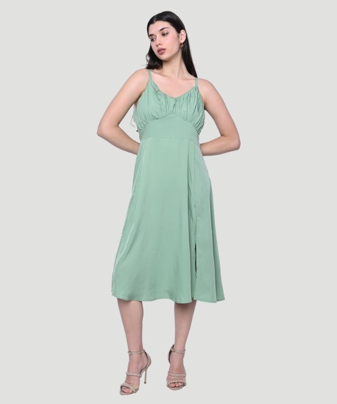 Women's Green Solid Regular Fit A-line Midi Dress