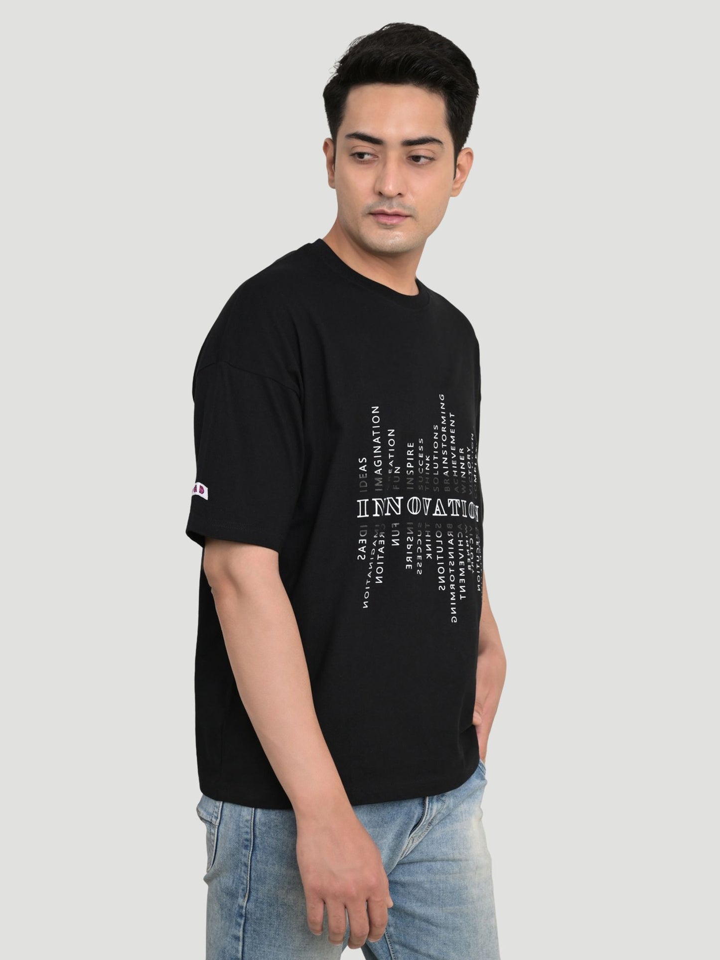 Men's Typography Round Neck Pure Cotton Oversize Black T-shirt